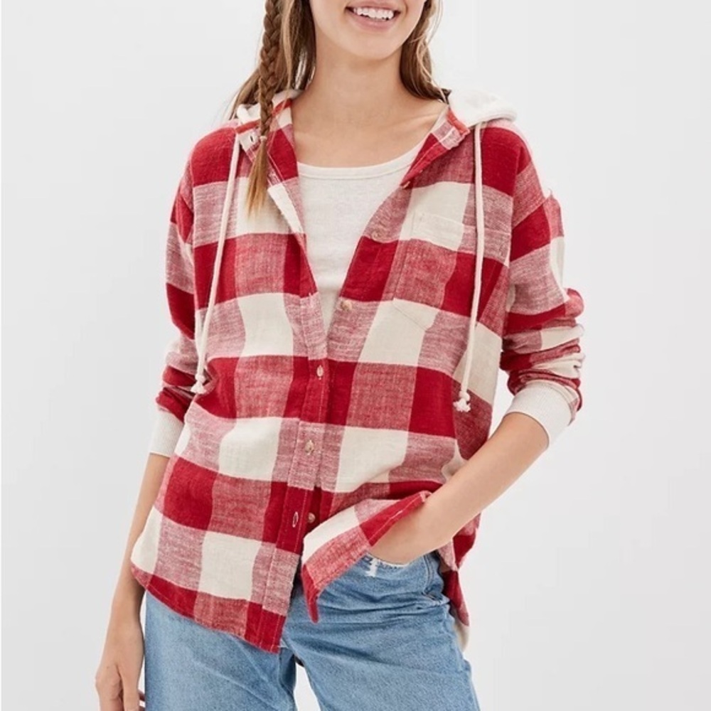 American Eagle Red Plaid Flannel Shirt Hoodie Buffalo Check XS